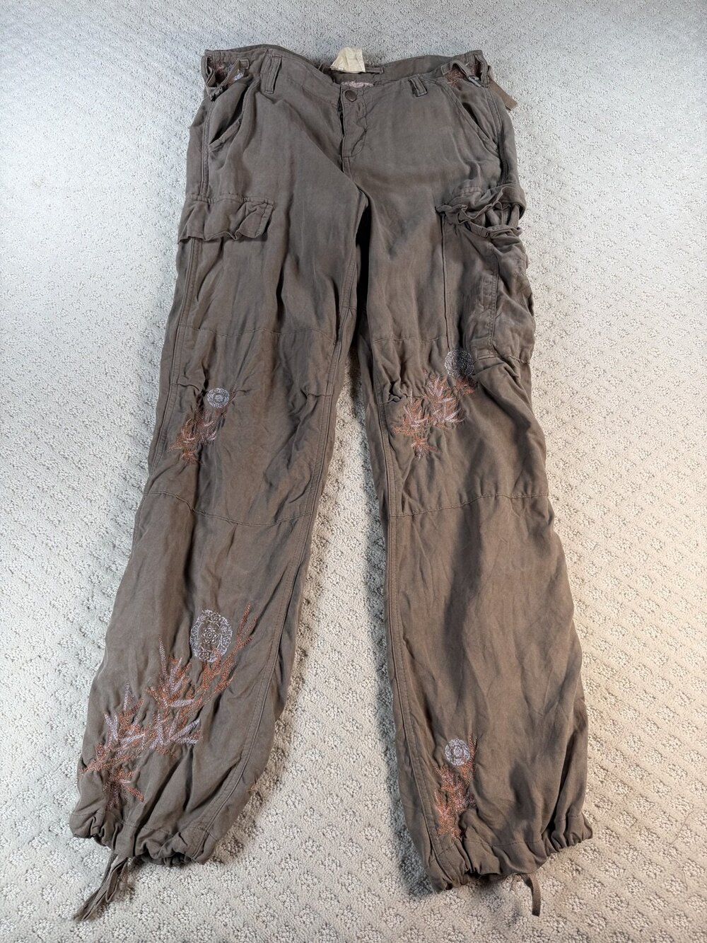 Da-Nang Floral Pants 2000s Womens Brown Straight Leg Embroidered Silk Size M